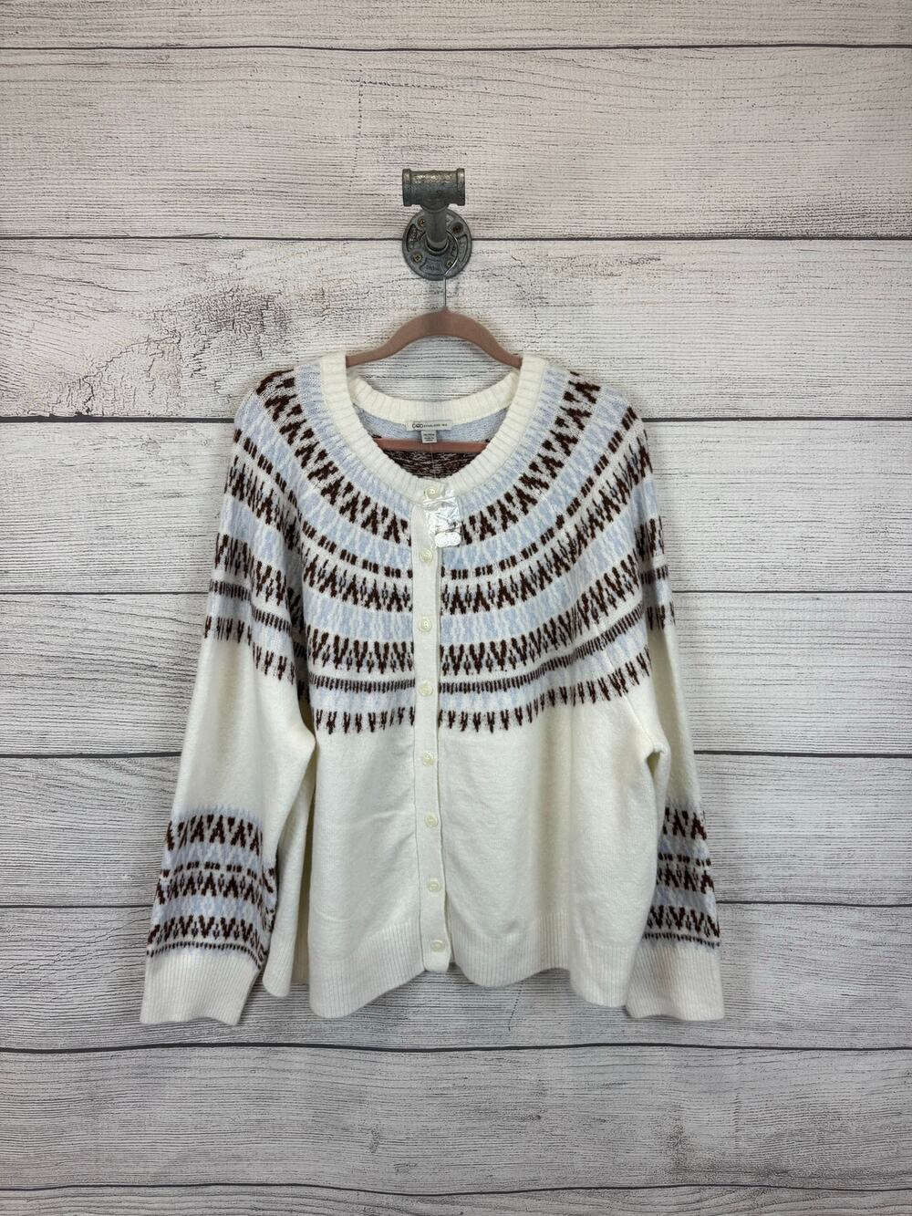 Cato Plus Size White Brown Button Front Knit Cardigan Size 26/28W